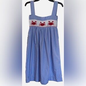 Smocktions Girls Smocked Crab Dress Blue Stripe Size 8 Handmade